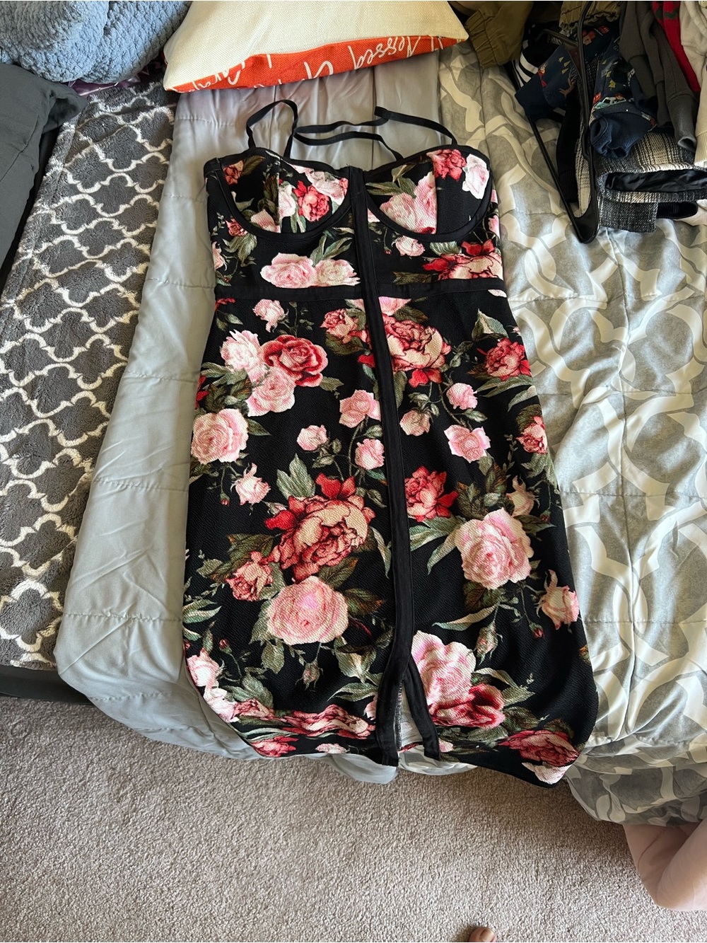 Material Girl Black Mini Dress with Pink Rose Print